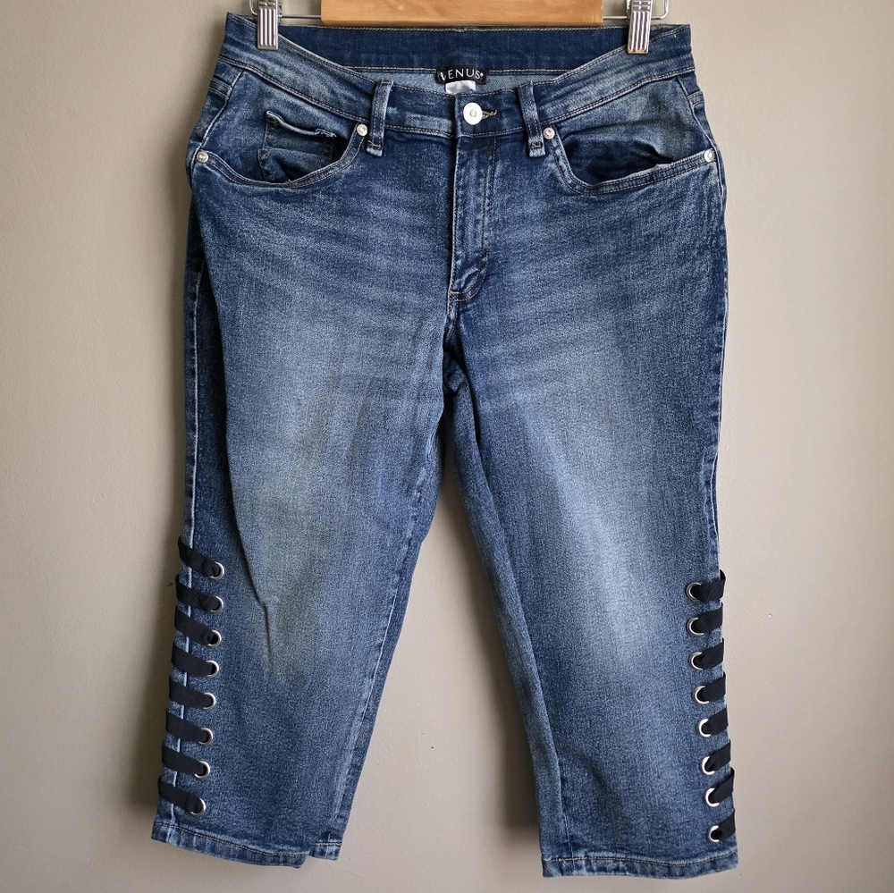 VENUS Blue Denim Capris with Lace-Up Detail